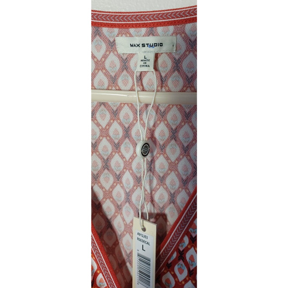 $98 Max Studio Women's L Large Faux Wrap Dress Red Cream Sleeves Knee Length NWT - Picture 2 of 7